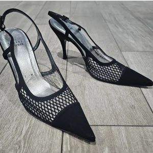 STUART WEITZMAN Black Fishnet Satin Pointed Toe Slingback Pumps 7M